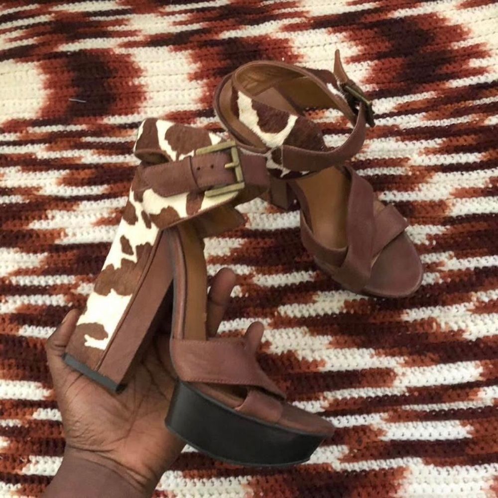 RARE Nine West Brown cow print leather ankle strap platform sandals heels pumps